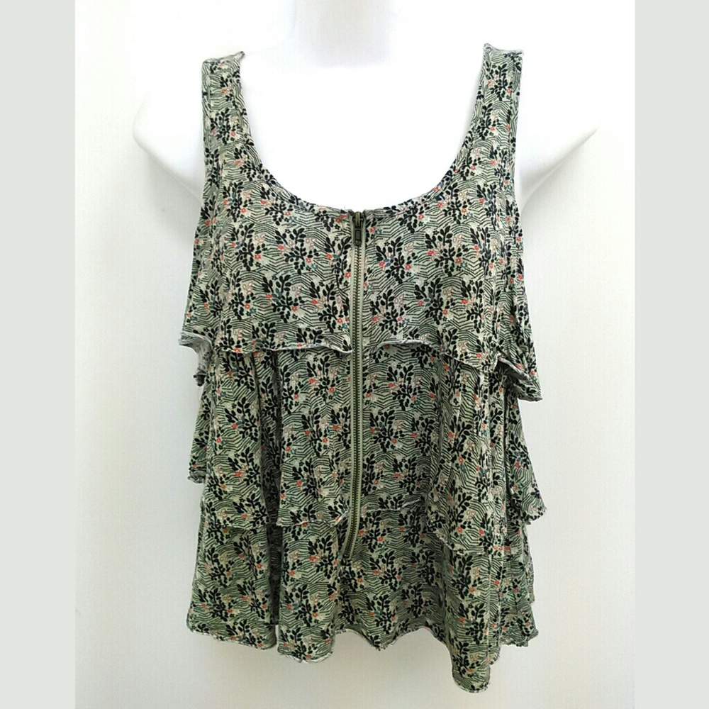 Pins & Needles Tank Top Green Ruffled Zip Sz XS